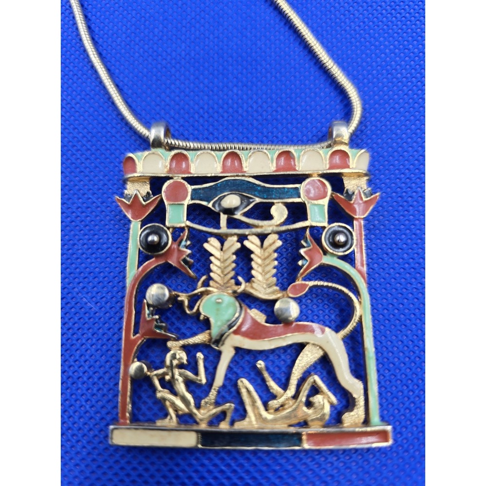 Vintage Egyptian Revival Necklace Enamel Apis Sphinx Eye Horus Gold Tone - Picture 5 of 13
